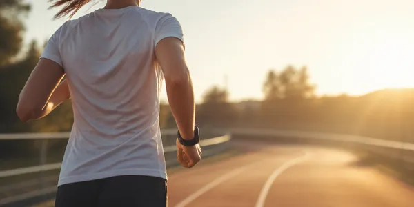 Coureur vu de dos sur une piste au lever du jour, montre GPS au poignet