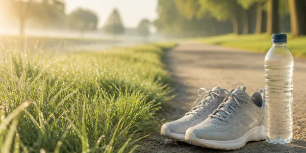Chaussures de sport et bouteille d'eau sur un chemin de parc au petit matin