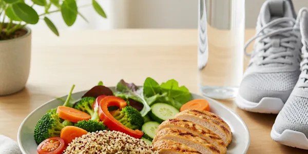 Assiette équilibrée avec légumes, quinoa et poulet, bouteille d'eau et chaussures de sport
