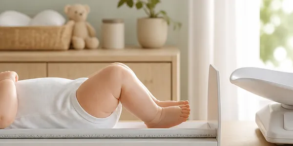 Bébé allongé sur une toise de mesure, pèse-bébé à côté, dans une chambre claire