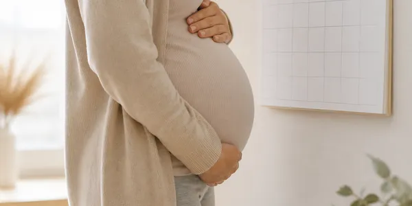 Femme enceinte de profil, les mains sur le ventre, devant un calendrier mural