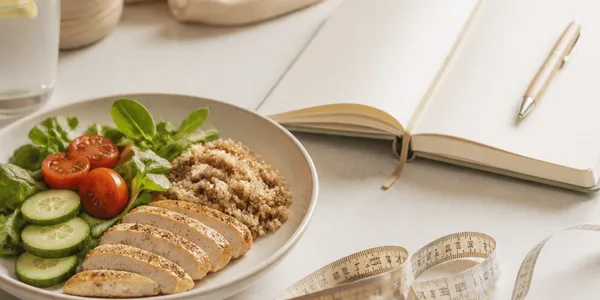 Assiette légère, mètre ruban et carnet ouvert, pour le calcul du déficit calorique