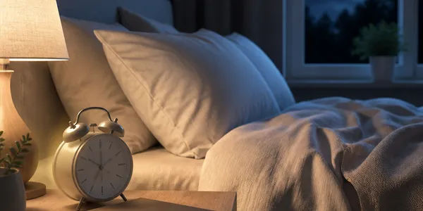 Chambre la nuit avec un réveil sur la table de chevet et un clair de lune