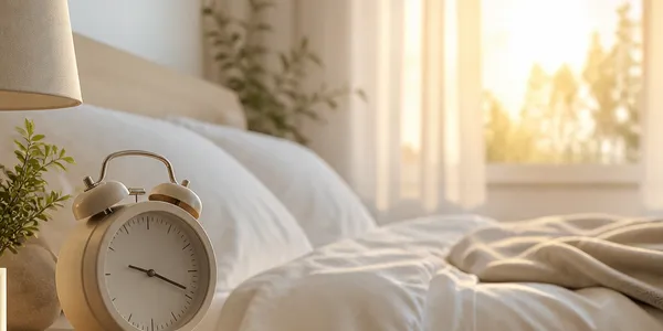 Chambre au lever du soleil avec un réveil sur la table de chevet