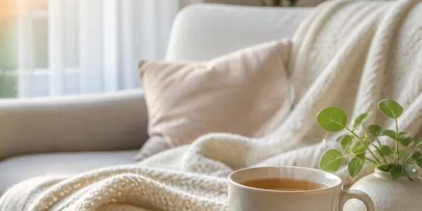 Canapé, plaid et tasse de thé au petit matin, évoquant le corps au repos