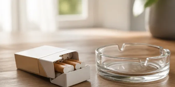 Paquet de cigarettes entamé et cendrier vide sur une table, lumière douce
