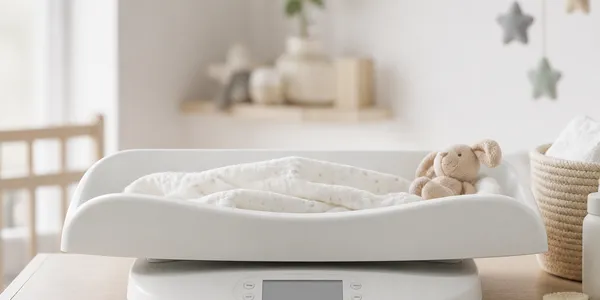 Pèse-bébé avec un nourrisson, vu de dos, sur une table à langer lumineuse