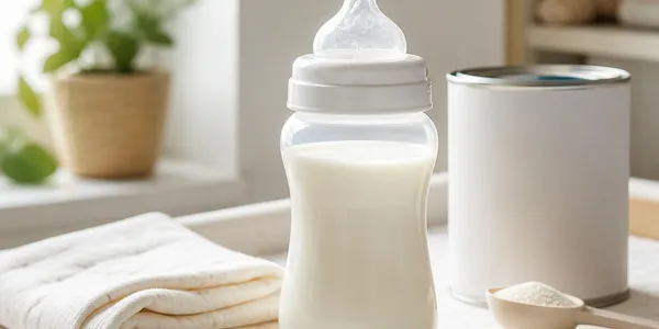 Biberon de lait posé sur une table à langer avec un lange et une boîte de lait infantile