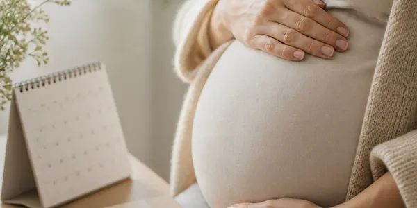 Mains posées sur un ventre de femme enceinte, à côté d'un calendrier de bureau