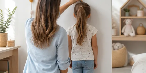 Parent mesurant la taille d'un enfant contre une toise murale, vus de dos