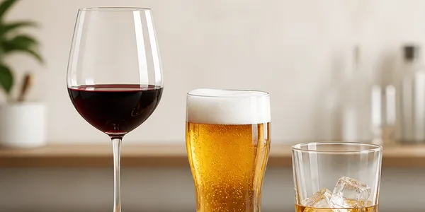 Verre de vin, demi de bière et verre à whisky alignés sur un comptoir, vus de côté