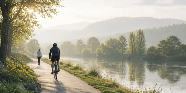 Cycliste et marcheur sur une piste cyclable en bord de rivière, vus de loin